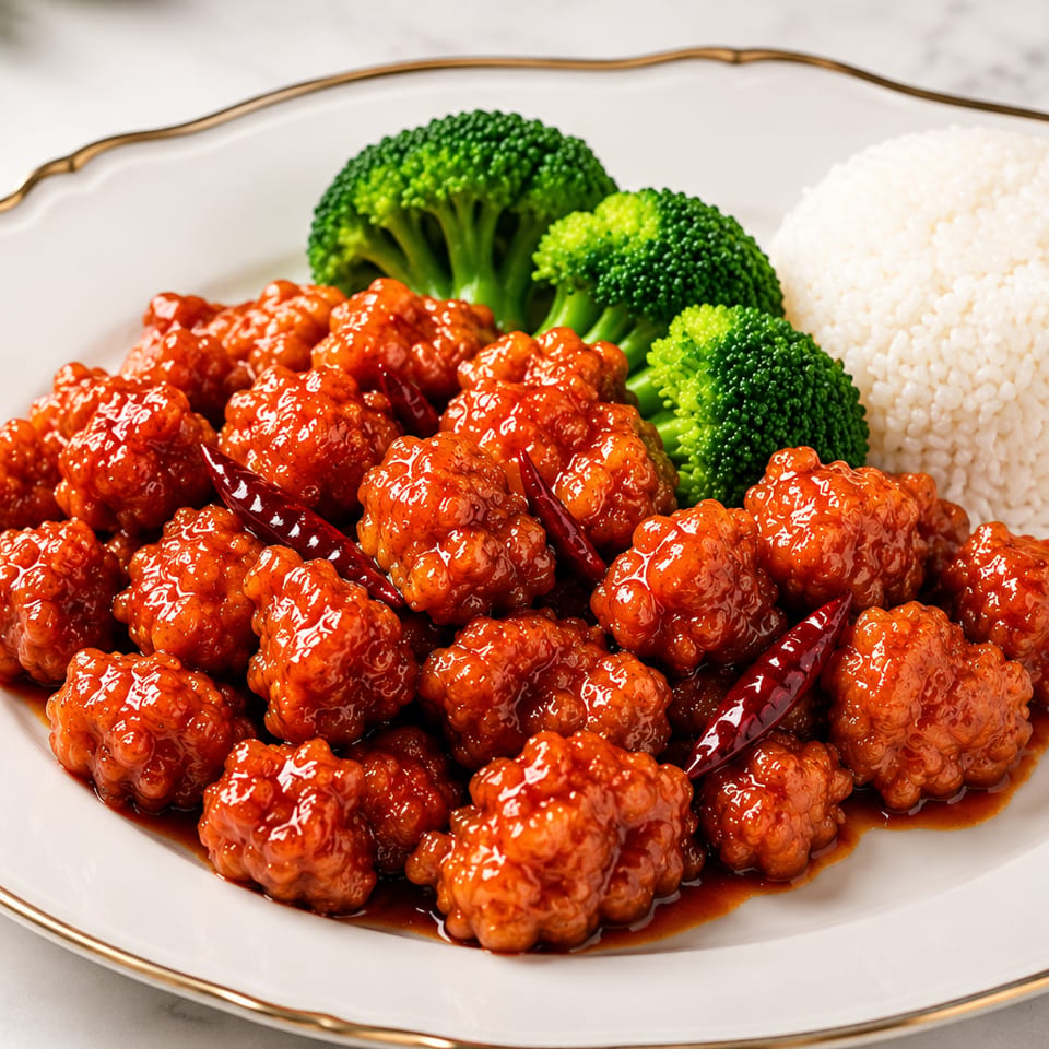 Sweet and sour chicken with dried chilies, broccoli, and white rice on a white plate.