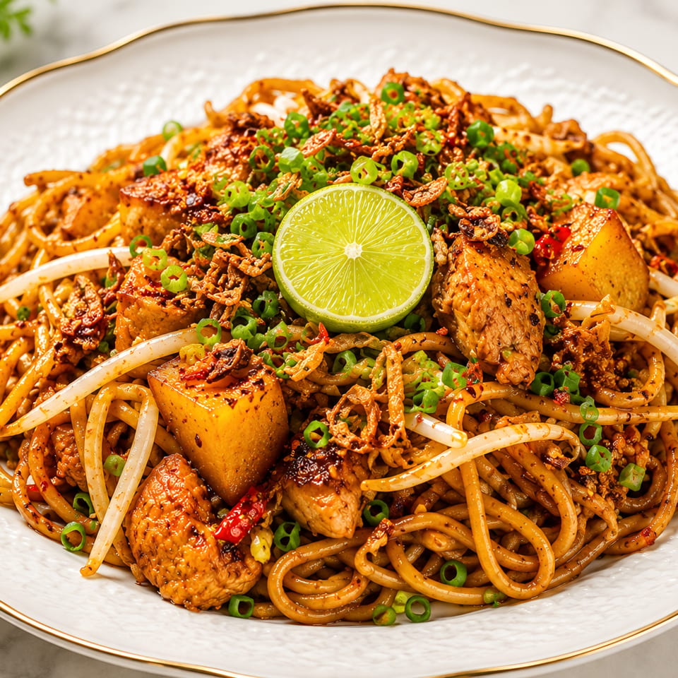 Close-up of a plate of stir-fried noodles with chicken, potatoes, bean sprouts, and a lime wedge.