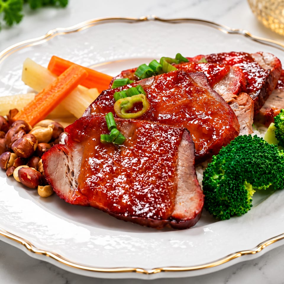 Slices of glistening char siu pork with broccoli, carrots, and peanuts on a white plate.
