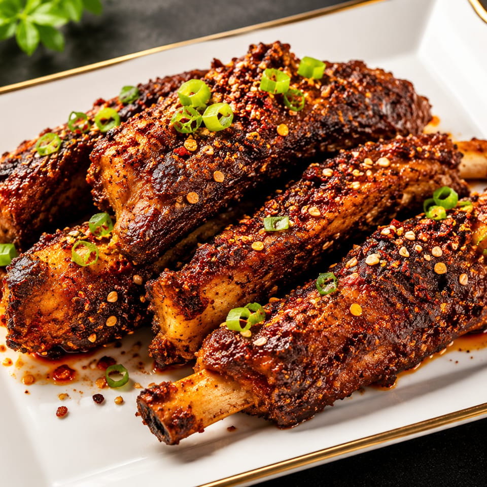 Spicy, glazed ribs topped with red pepper flakes and green onions on a white rectangular plate.