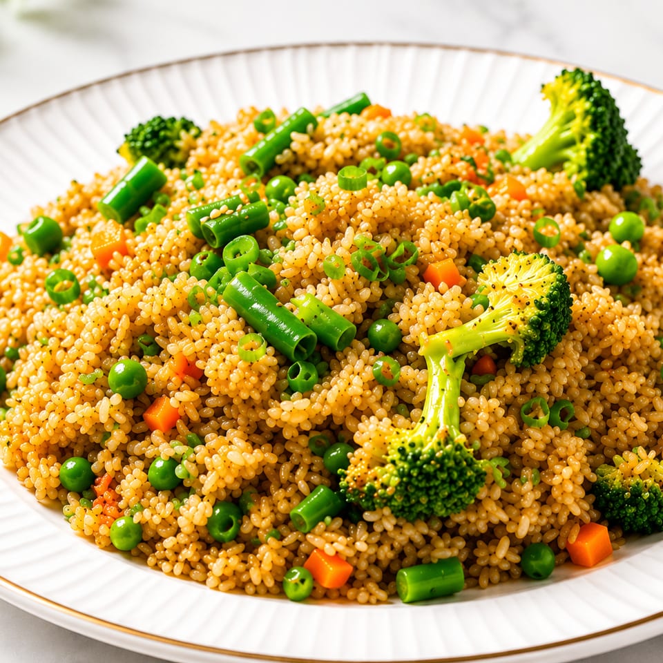 Couscous with broccoli, green beans, peas, and carrots on a white plate with a gold rim.